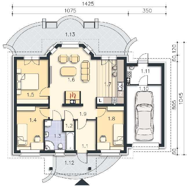 Rzut parteru: (plus możliwość adaptacji poddasza 27,5 m2) POW. 105,7 m²