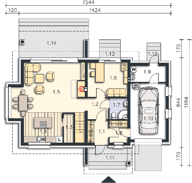 Rzut parteru POW. 92,1 m²