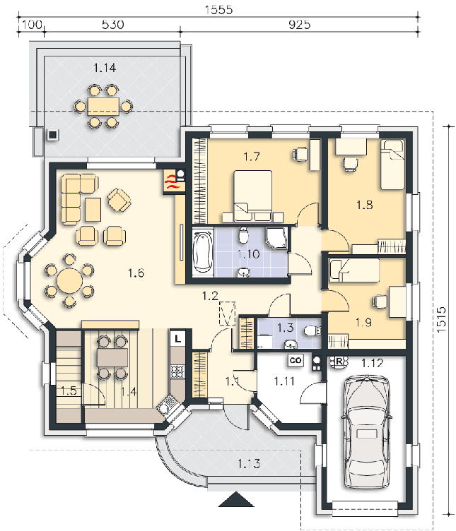 Rzut parteru POW. 142,8 m²