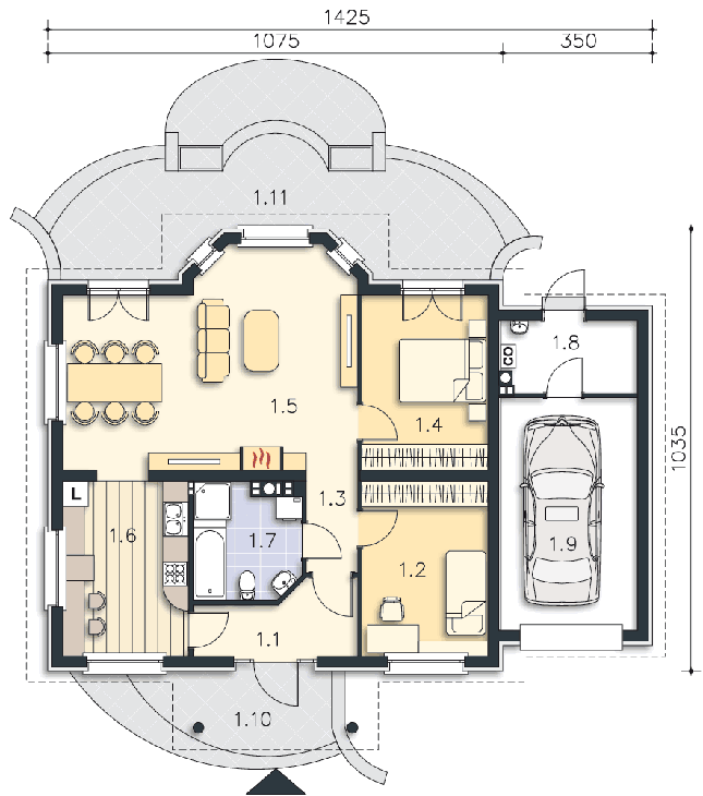 Rzut parteru: (plus możliwość adaptacji poddasza 27,6 m2) POW. 105,3 m²