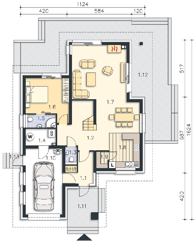 Rzut parteru POW. 108,1 m²