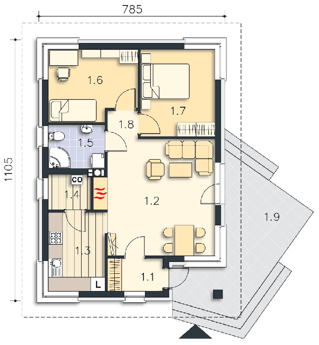 Rzut parteru POW. 65,6 m²