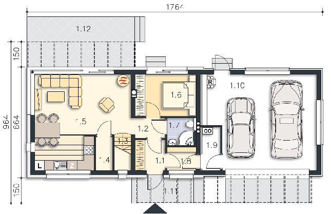 Rzut parteru POW. 90,8 m²