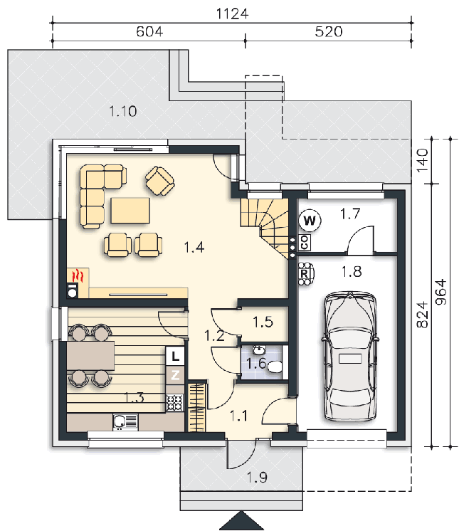 Rzut parteru POW. 77,9 m²