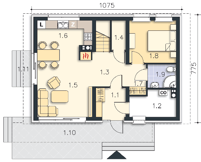 Rzut parteru POW. 61,6 m²