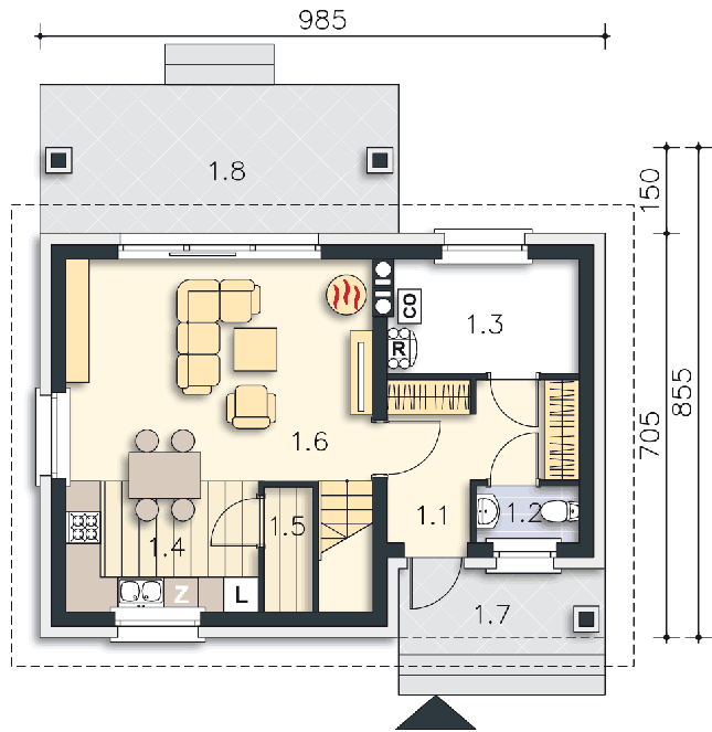 Rzut parteru POW. 45,6 m²