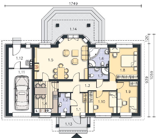 Rzut parteru: (plus możliwość adaptacji poddasza 45,7 m2) POW. 134,9 m²