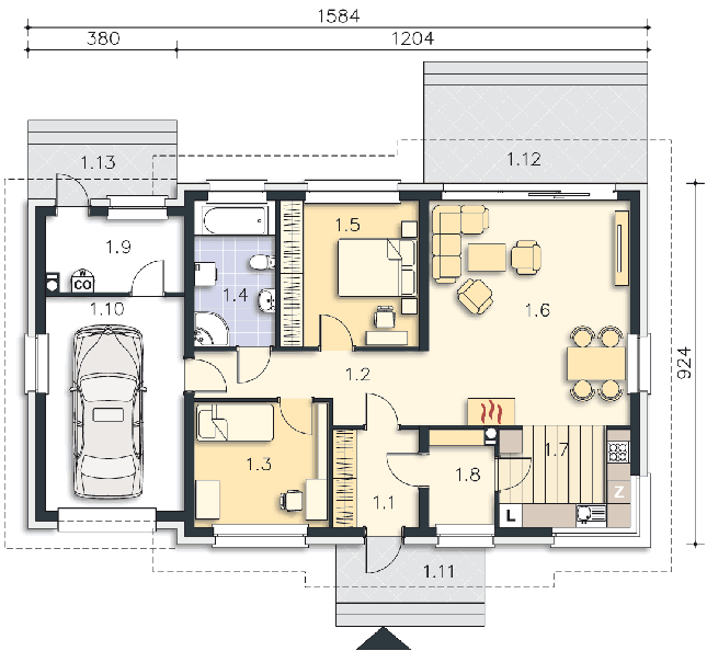 Rzut parteru POW. 114,9 m²