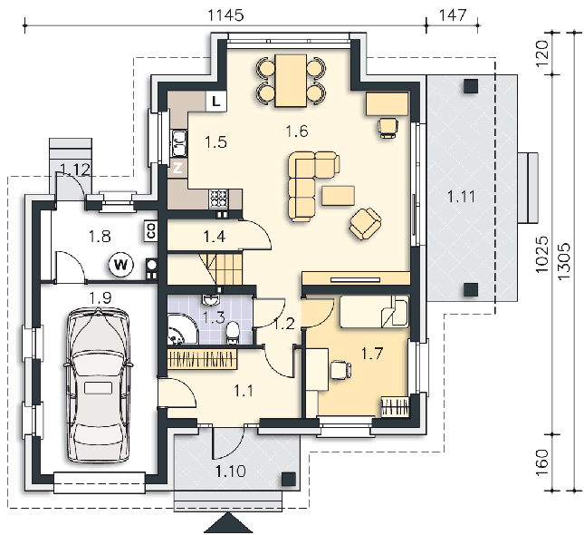 Rzut parteru POW. 88,3 m²