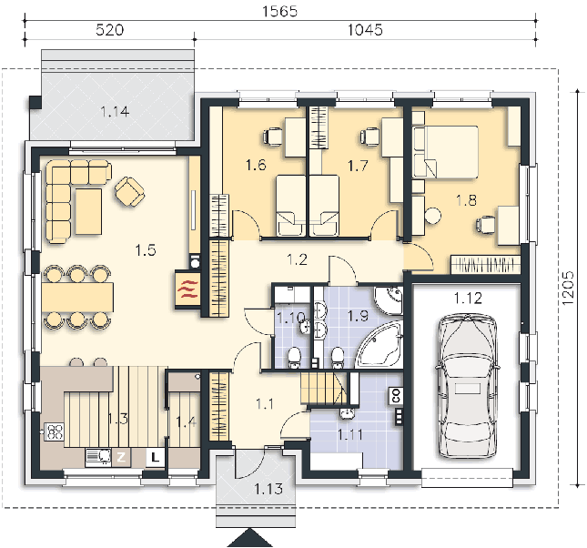 Rzut parteru: (plus możliwość adaptacji poddasza 71,3 m2) POW. 142,4 m²