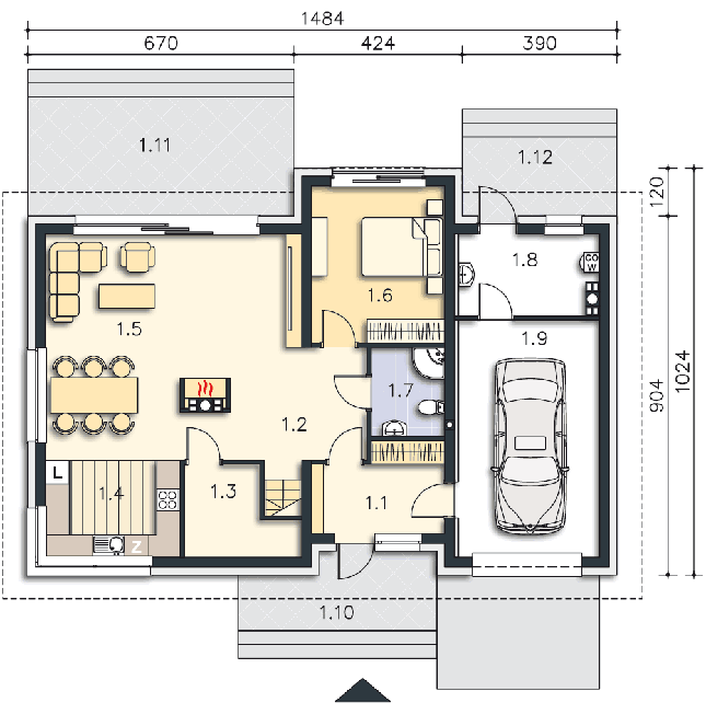 Rzut parteru POW. 107,4 m²