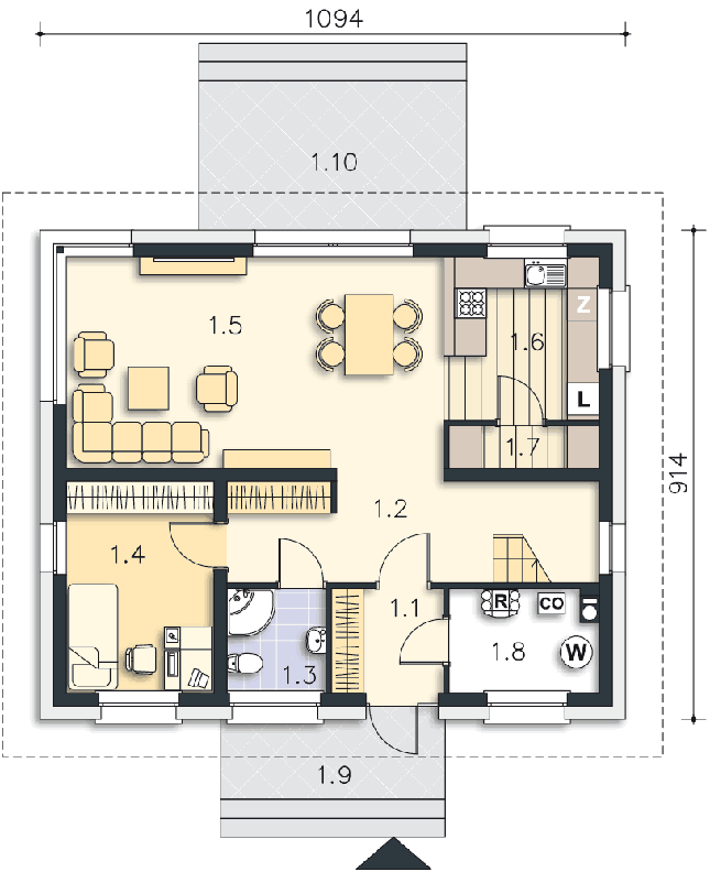 Rzut parteru POW. 76,1 m²