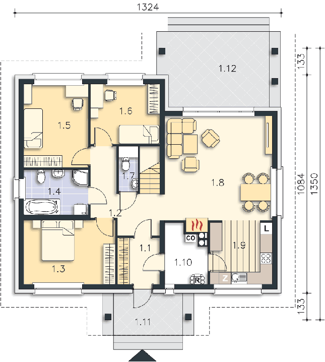 Rzut parteru: (plus możliwość adaptacji poddasza 36,6 m2) POW. 105,2 m²