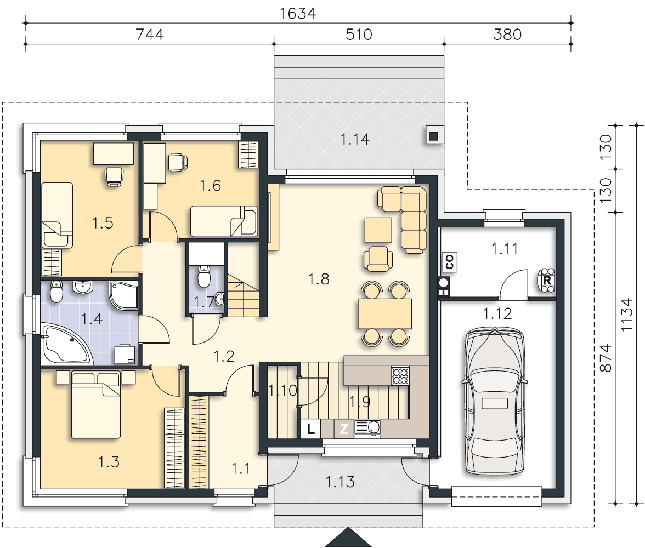 Rzut parteru: (plus możliwość adaptacji poddasza 55,4 m2) POW. 126,2 m²
