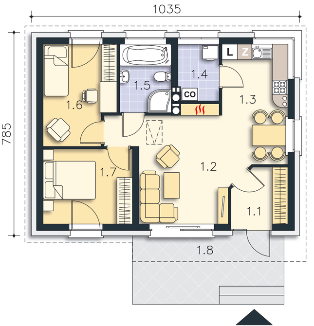 Rzut parteru lustro POW. 61,9 m²