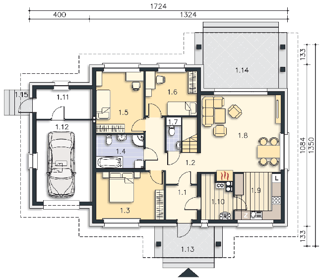 Rzut parteru: (plus możliwość adaptacji poddasza 53,8 m2) POW. 132,3 m²