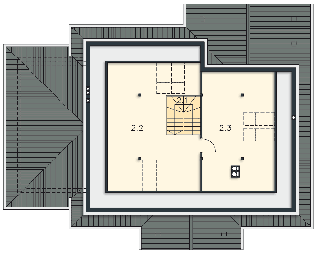 Rzut strychu: przykładowa aranżacja POW. 84,9 m²