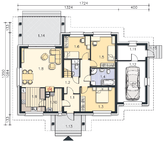 Rzut parteru lustro: (plus możliwość adaptacji poddasza 53,8 m2) POW. 132,3 m²