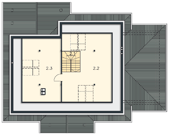Rzut strychu lustro: przykładowa aranżacja POW. 84,9 m²
