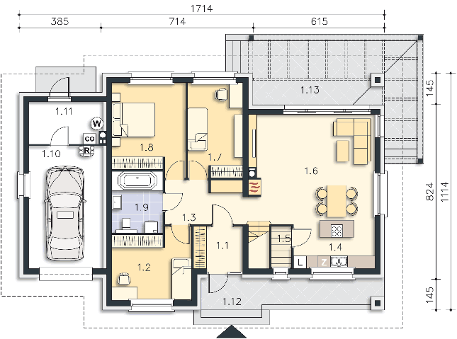 Rzut parteru: (plus możliwość adaptacji poddasza 41,3 m2) POW. 123,8 m²