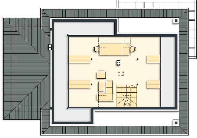 Rzut strychu: przykładowa aranżacja POW. 68,0 m²