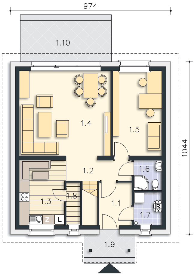Rzut parteru POW. 74,0 m²