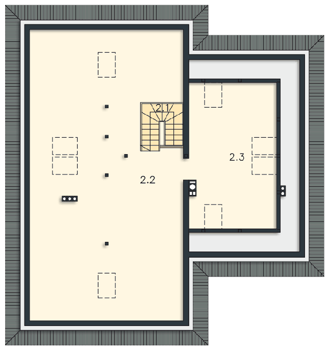 Rzut poddasza: przykładowa aranżacja POW. 124,0 m²
