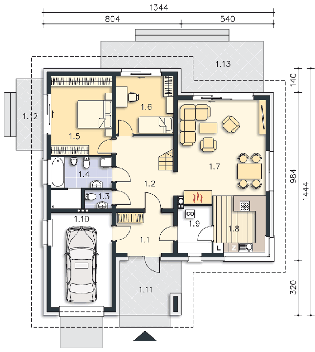 Rzut parteru: (plus możliwość adaptacji poddasza 53,6 m2) POW. 123,4 m²