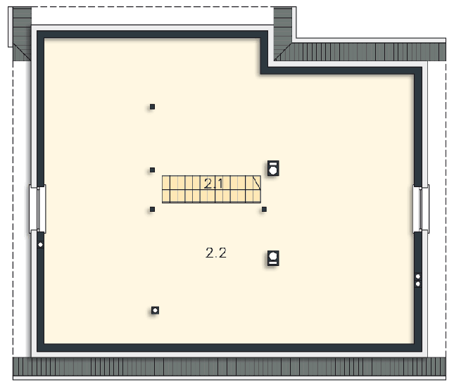 Rzut poddasza: przykładowa aranżacja POW. 117,4 m²