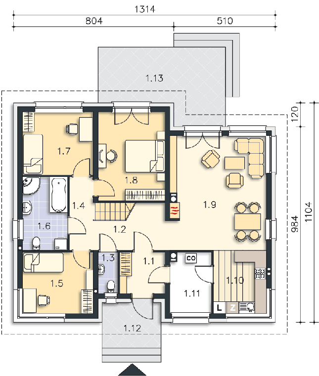 Rzut parteru: (plus możliwość adaptacji poddasza 65,3 m2) POW. 107,2 m²