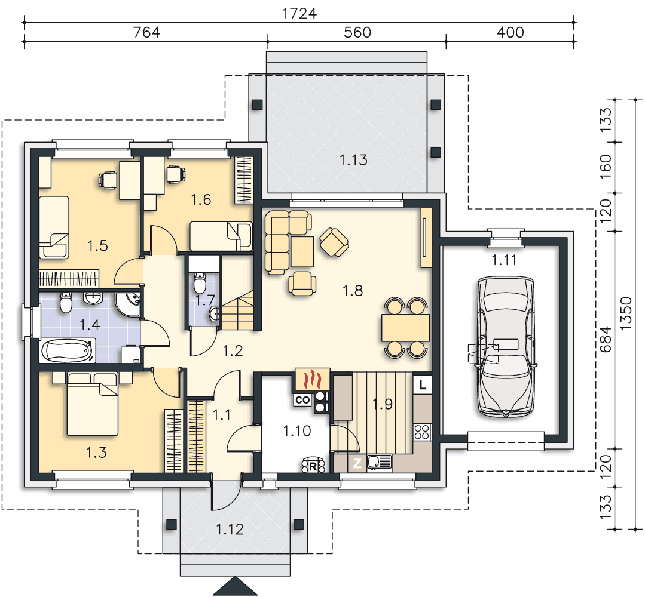 Rzut parteru: (plus możliwość adaptacji poddasza 36,6 m2) POW. 126,8 m²