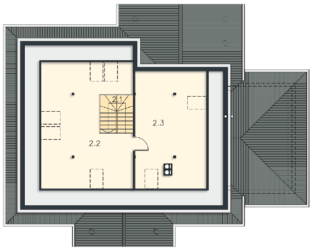 Rzut poddasza: przykładowa aranżacja POW. 77,0 m²