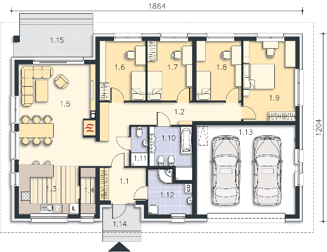 Rzut parteru: (plus możliwość adaptacji poddasza 70,3 m2) POW. 175,3 m²