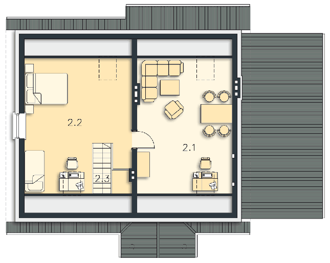 Rzut poddasza: przykładowa aranżacja POW. 63,9 m²