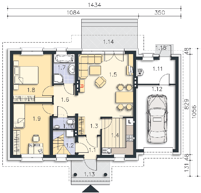 Rzut parteru: (plus możliwość adaptacji poddasza 36,4 m2) POW. 100,8 m²