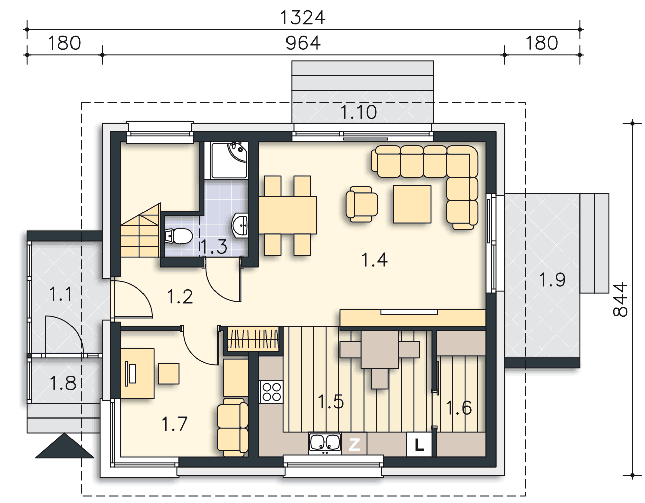 Rzut parteru POW. 62,5 m²