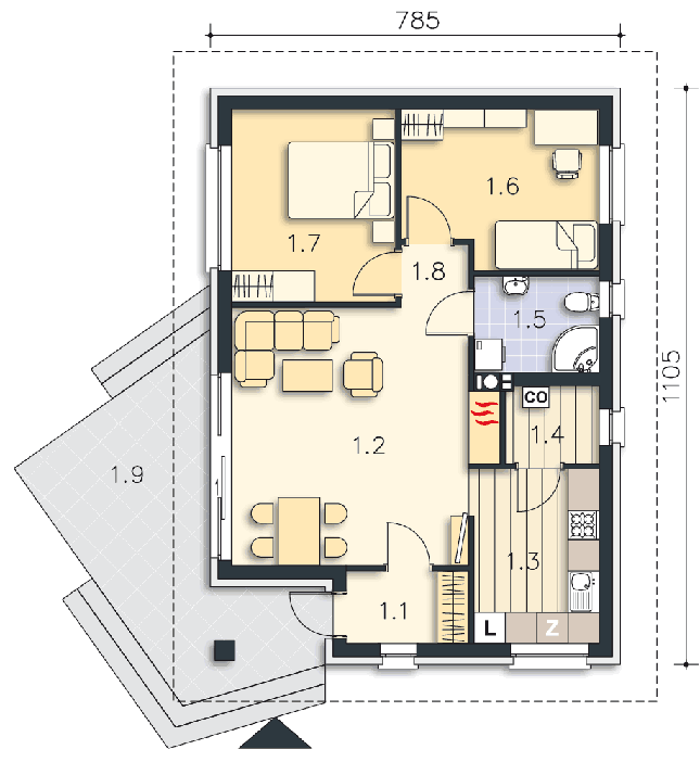 Rzut parteru lustro POW. 65,6 m²