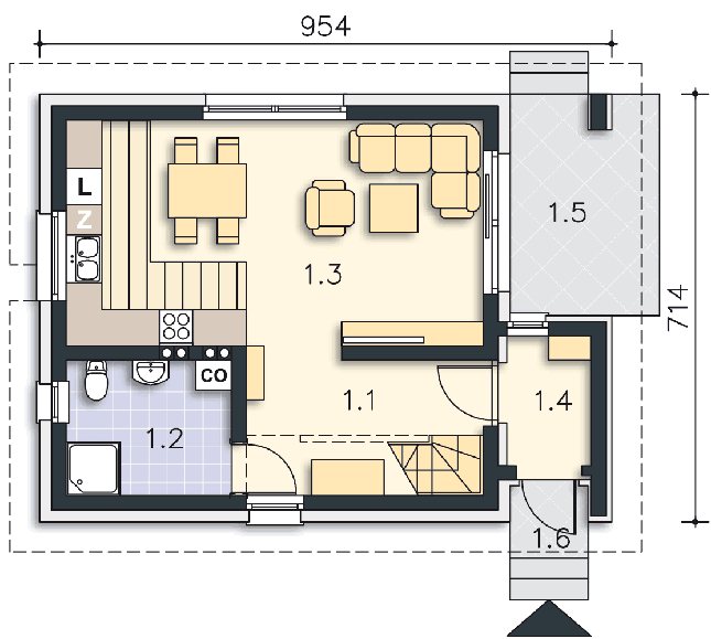 Rzut parteru POW. 44,3 m²