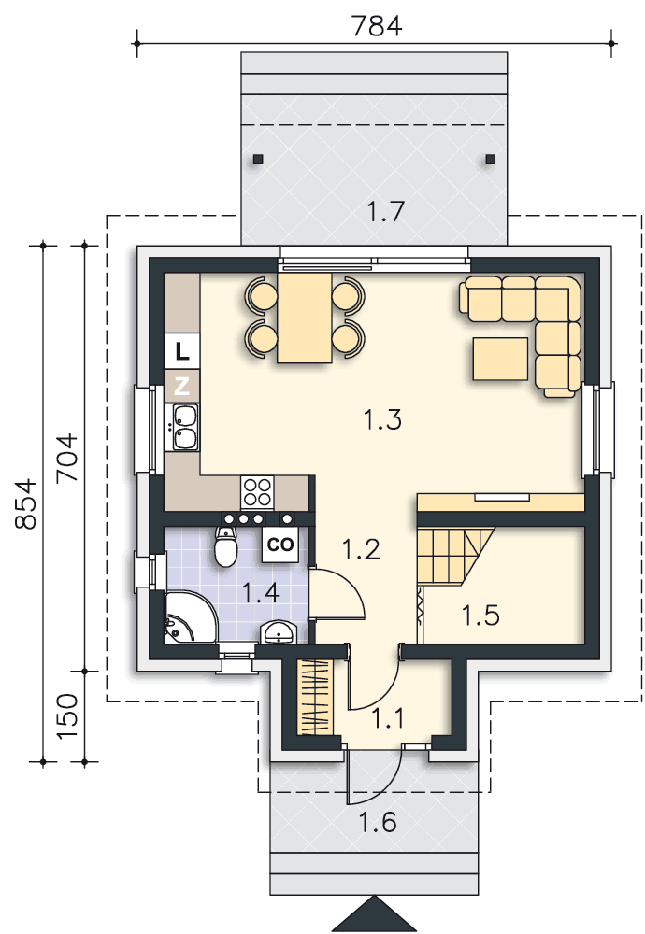Rzut parteru lustro POW. 42,1 m²