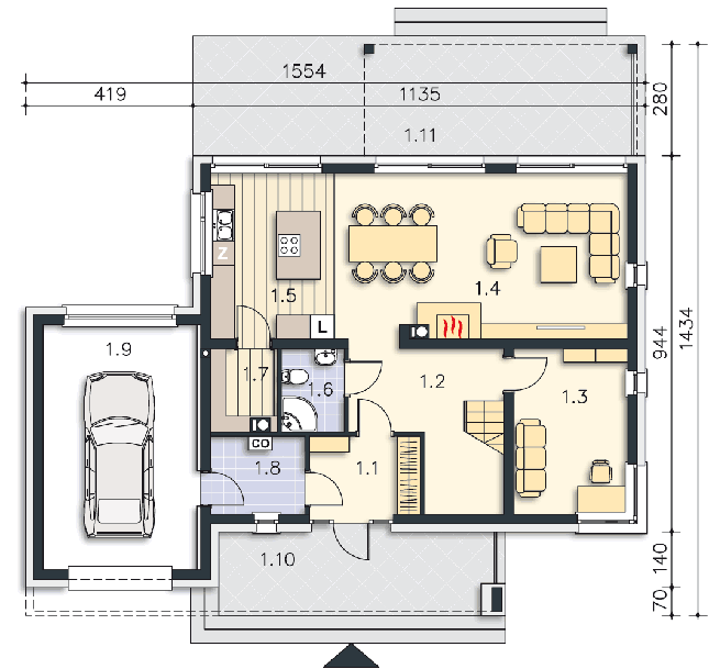 Rzut parteru POW. 107,4 m²