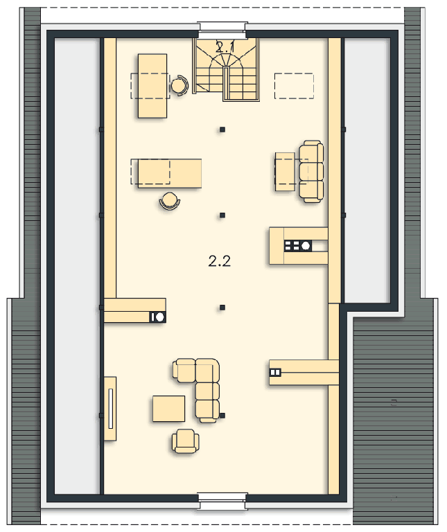 Rzut poddasza: przykładowa aranżacja POW. 105,9 m²
