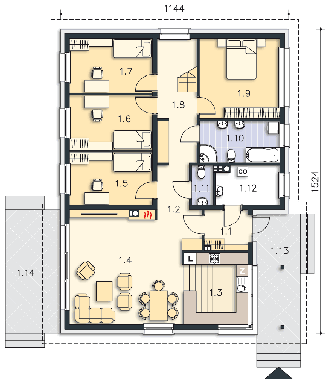 Rzut parteru: (plus możliwość adaptacji poddasza 59,3 m2) POW. 132,1 m²