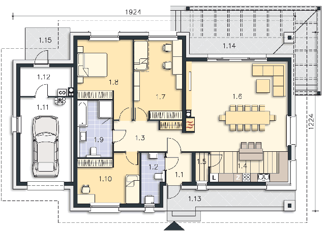 Rzut parteru: (plus możliwość adaptacji poddasza 41,25 m2) POW. 157,9 m²