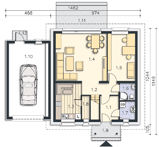 Rzut parteru POW. 108,0 m²