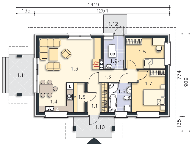 Rzut parteru POW. 77,4 m²