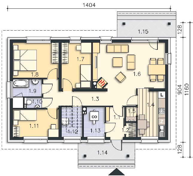 Rzut parteru: (plus możliwość adaptacji poddasza 65,8 m2) POW. 98,9 m²
