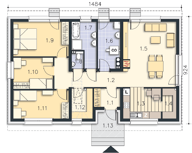 Rzut parteru: (plus możliwość adaptacji poddasza 53,4 m2) POW. 104,4 m²