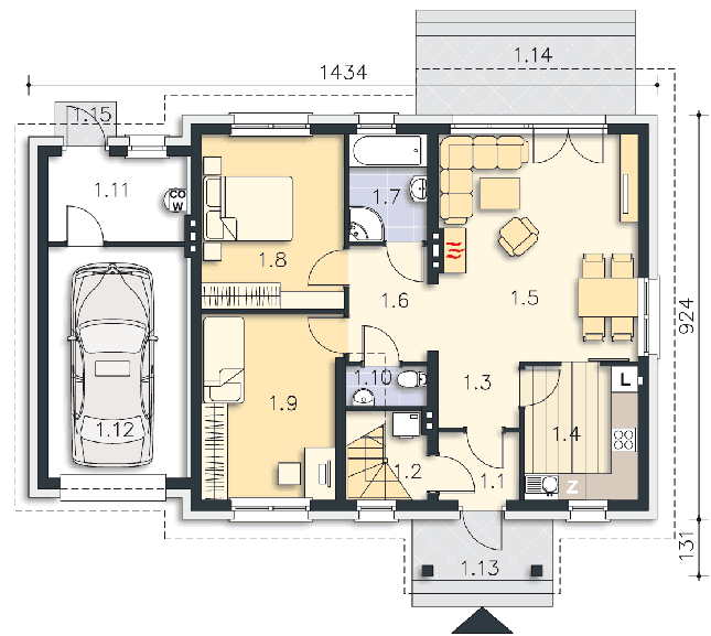Rzut parteru: (plus możliwość adaptacji poddasza 38,17 m2) POW. 100,7 m²