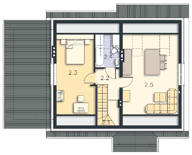 Rzut poddasza: przykładowa aranżacja POW. 61,7 m²