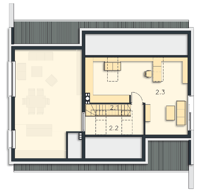 Rzut strychu: przykładowa aranżacja POW. 45,0 m²
